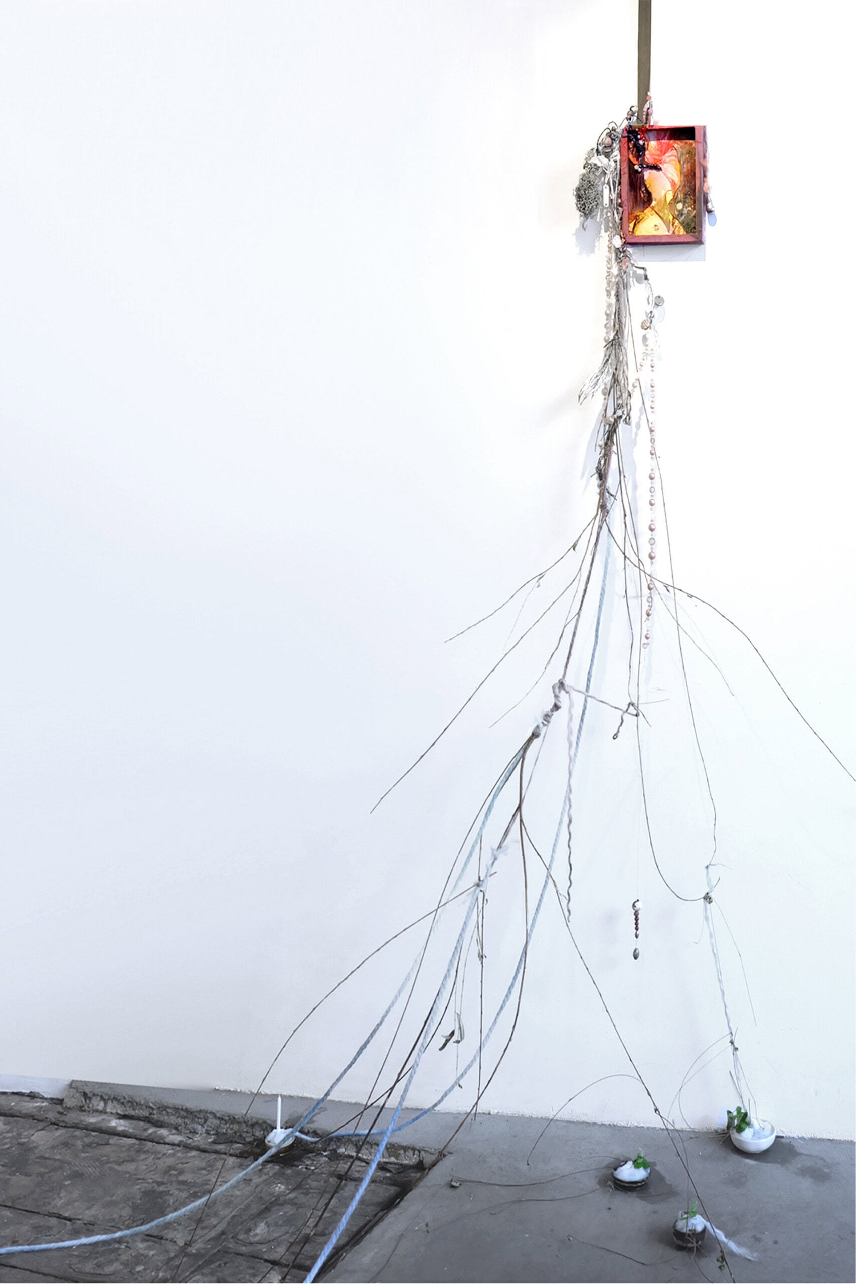 Femme au jardin, 2019 Collage dessin dans cadre, fils de fer et fraisier dans coupelles en cérapmique 200x40x100cm, Paris
